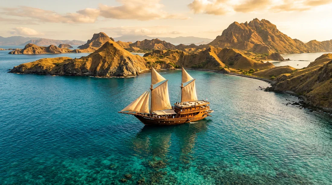 Bateau traditionnel Phinisi naviguant dans les eaux turquoise de l'île de Padar en Indonésie