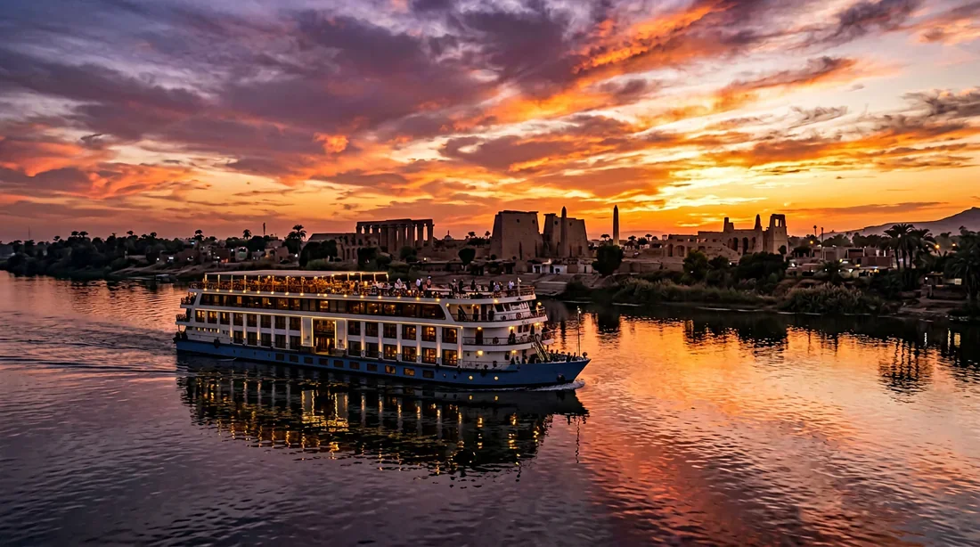 Croisière sur le Nil au coucher du soleil Bateau de croisière de luxe sur le Nil au coucher du soleil
