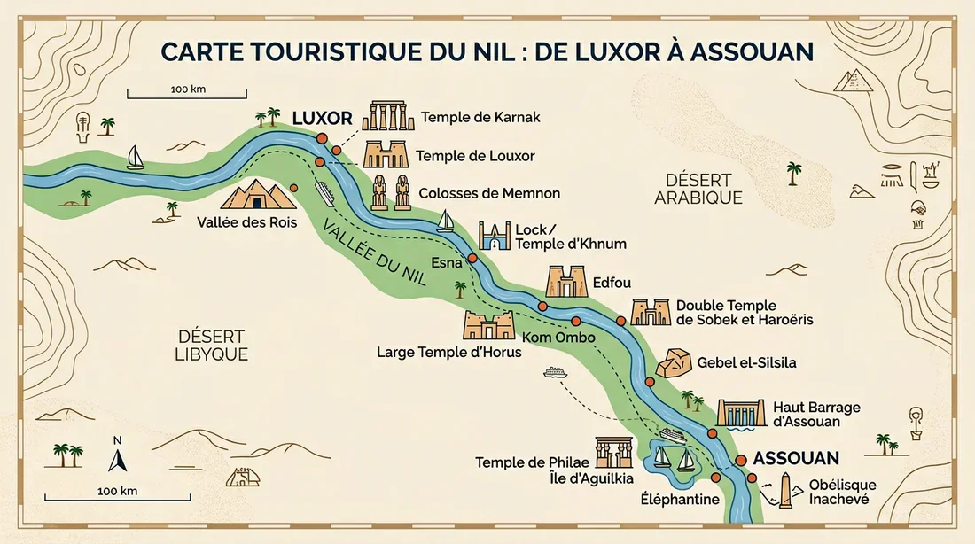 Itinéraire de croisière Carte des étapes d'une croisière sur le Nil