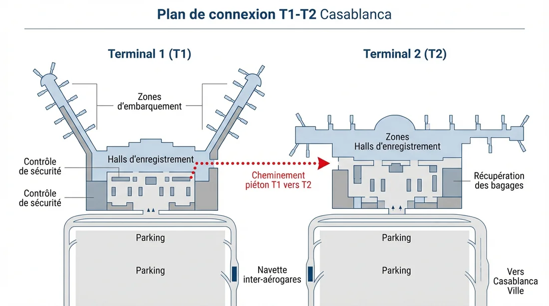 Plan 2D simplifié montrant la connexion directe et le trajet à pied entre le T1 et le T2 à Casablanca.