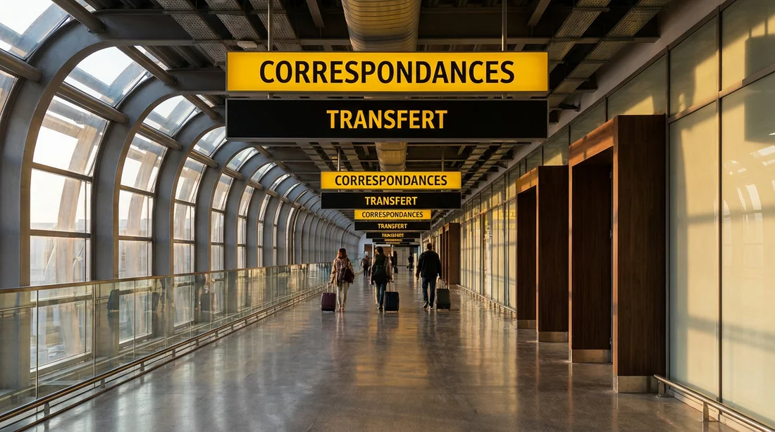 Signalétique de transfert et correspondances dans les couloirs de l'aéroport de Casablanca.