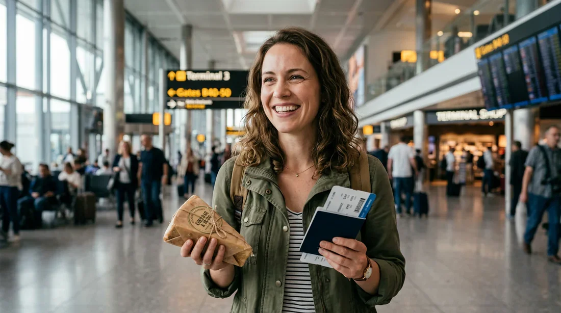 Voyager avec du fromage : les règles à connaître Voyageur souriant tenant du fromage et son billet d'avion à l'aéroport