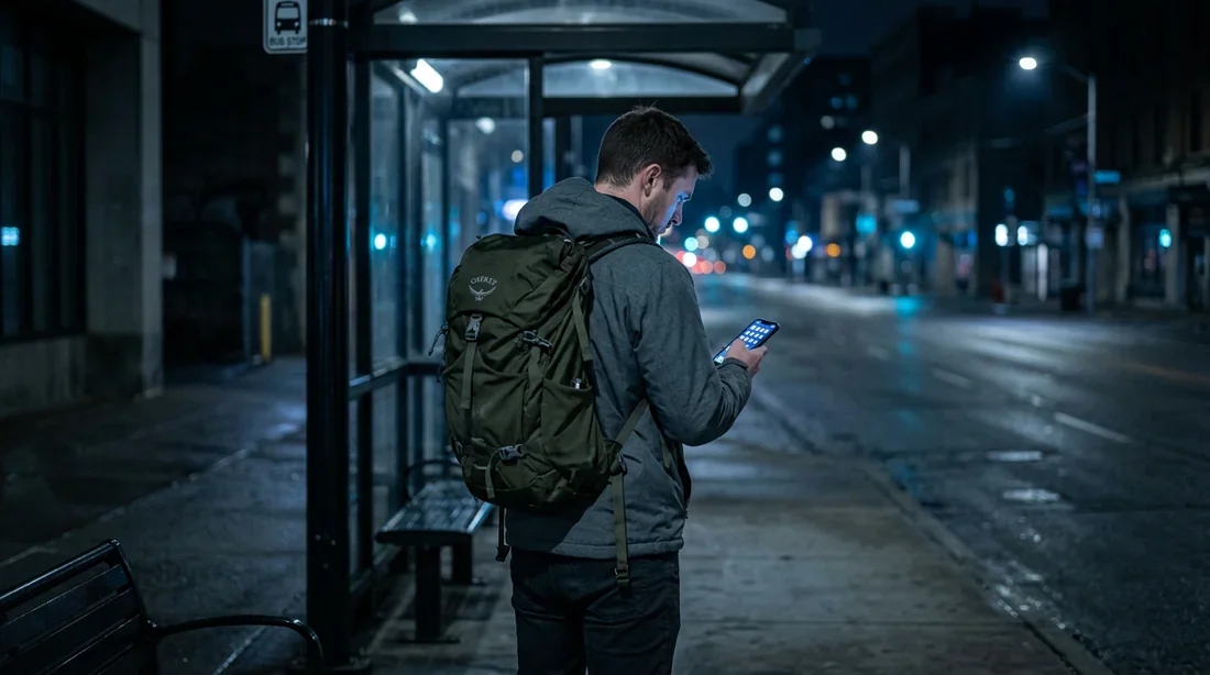 Un voyageur dépité vérifiant les horaires de bus sur son smartphone la nuit à un arrêt vide