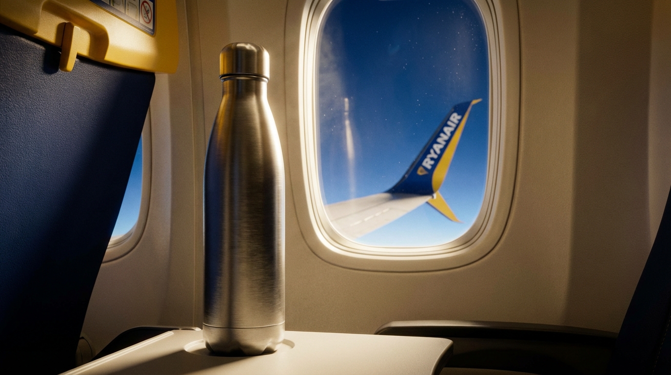 Gourde en acier sur la tablette d'un avion Ryanair avec vue par le hublot
