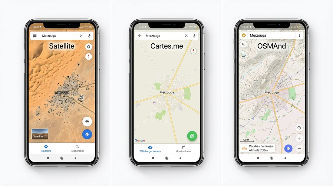 Comparaison d'affichage entre Google Maps, Maps.me et OSMAnd sur la zone de Merzouga au Maroc