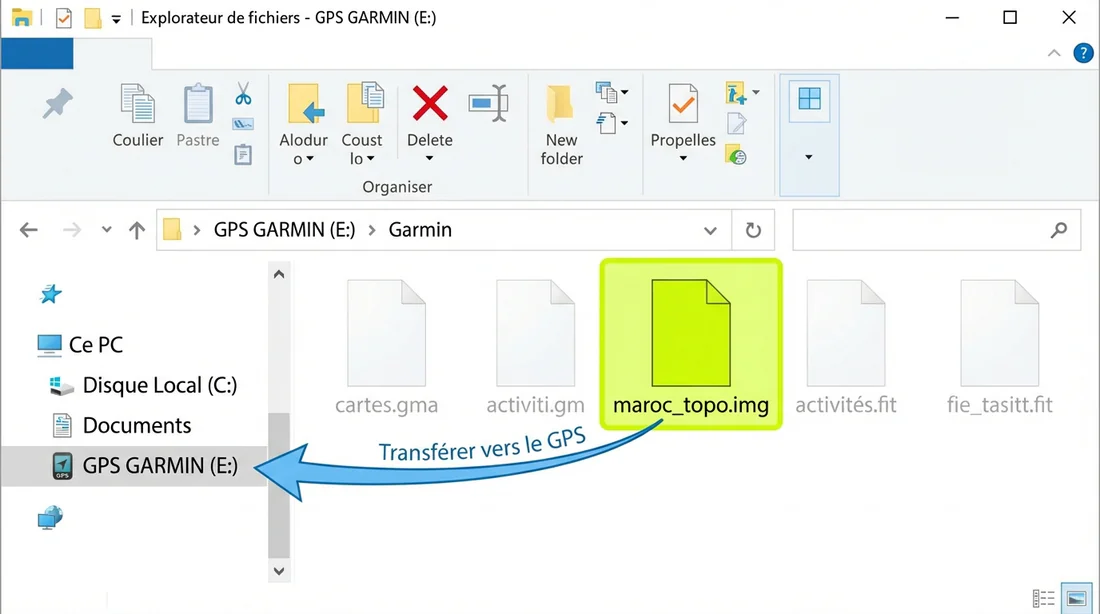 Schéma explicatif du transfert d'un fichier de carte .img dans le dossier Garmin d'un GPS