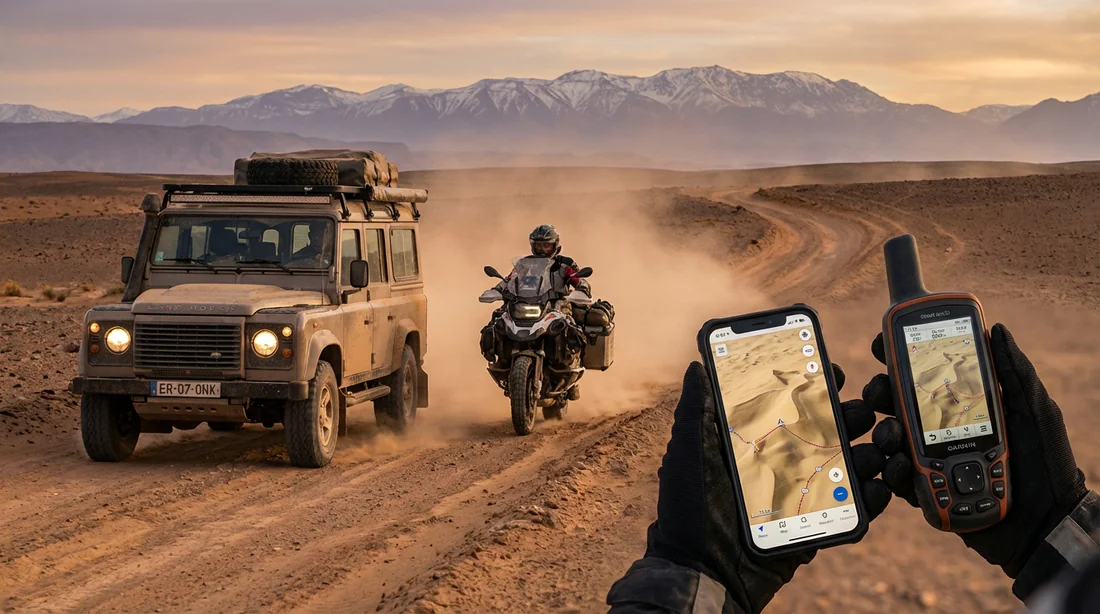 Un 4x4 et une moto sur une piste désertique au Maroc avec les montagnes de l'Atlas et un GPS au premier plan