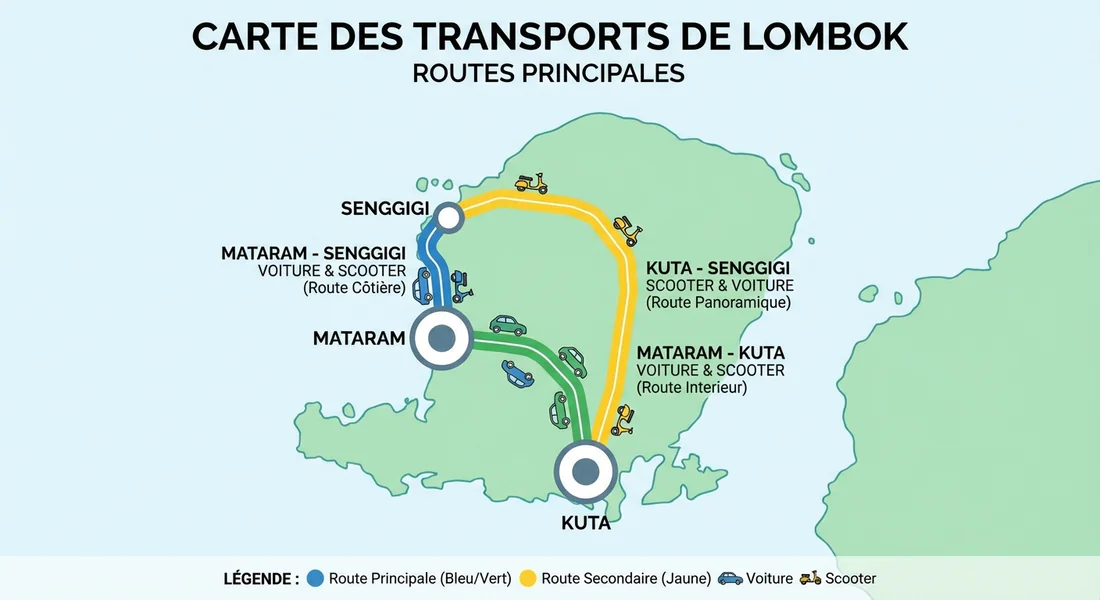 Carte des transports à Lombok Infographie des principaux itinéraires de transport à travers l'île de Lombok.