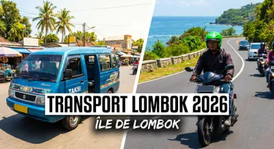 Miniature comparative entre un taxi bleu et un scooter Ojek à Lombok.