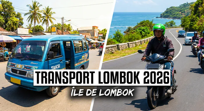 Miniature comparative entre un taxi bleu et un scooter Ojek à Lombok.