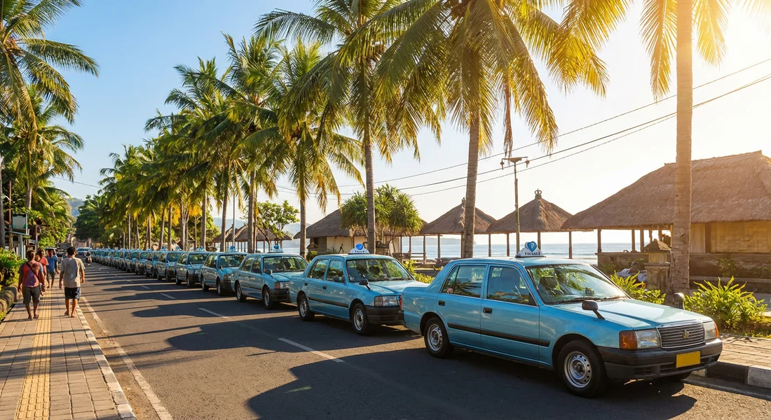 Taxis Blue Bird à Lombok Taxis officiels Blue Bird stationnés dans la zone touristique de Senggigi.