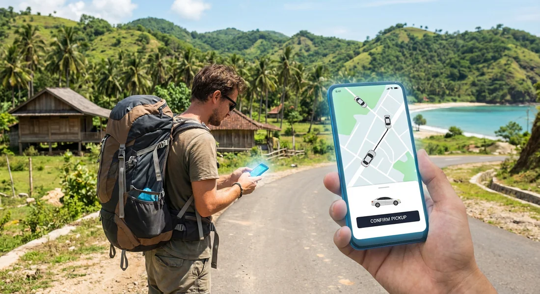 Comment se déplacer à Lombok en 2026 Touriste utilisant une application de transport VTC sur son smartphone à Lombok devant un paysage de collines et de mer.
