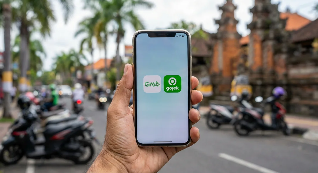 Applications Grab et Gojek à Lombok Utilisation des applications mobiles Grab et Gojek pour se déplacer à Lombok.