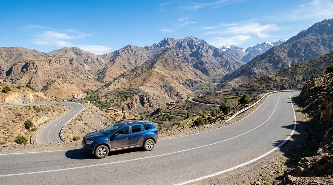 Dacia Duster roulant sur une route de montagne dans l'Atlas marocain