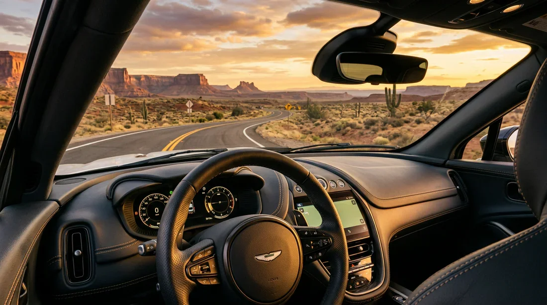 Road trip américain : vue depuis le volant Vue depuis l'intérieur d'une voiture moderne sur la route 66