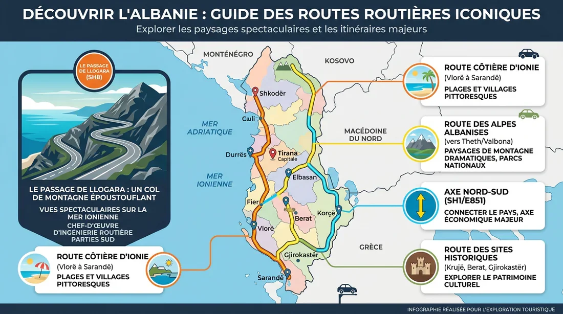 Carte des itinéraires recommandés pour un road trip en Albanie