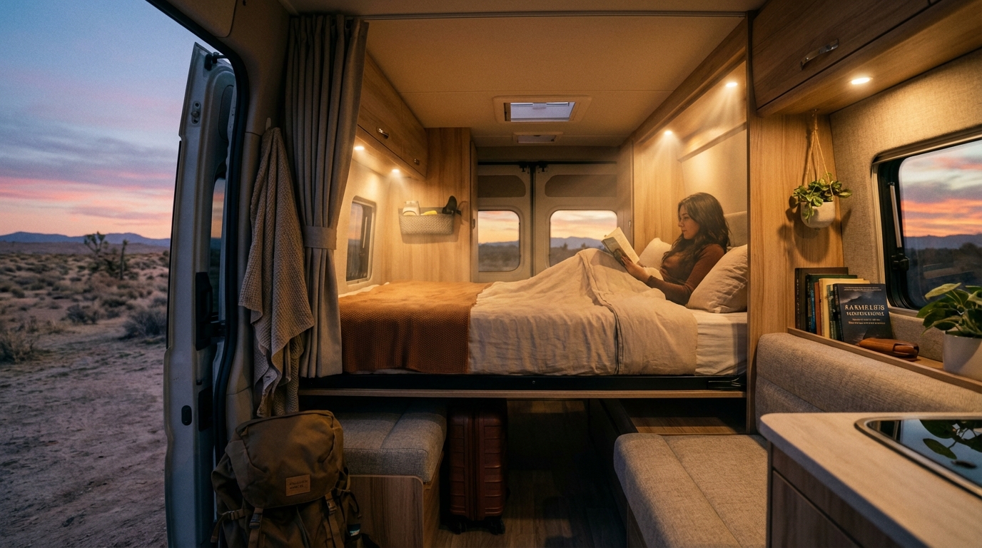 Intérieur de camping-car avec un lit pavillon en position intermédiaire.