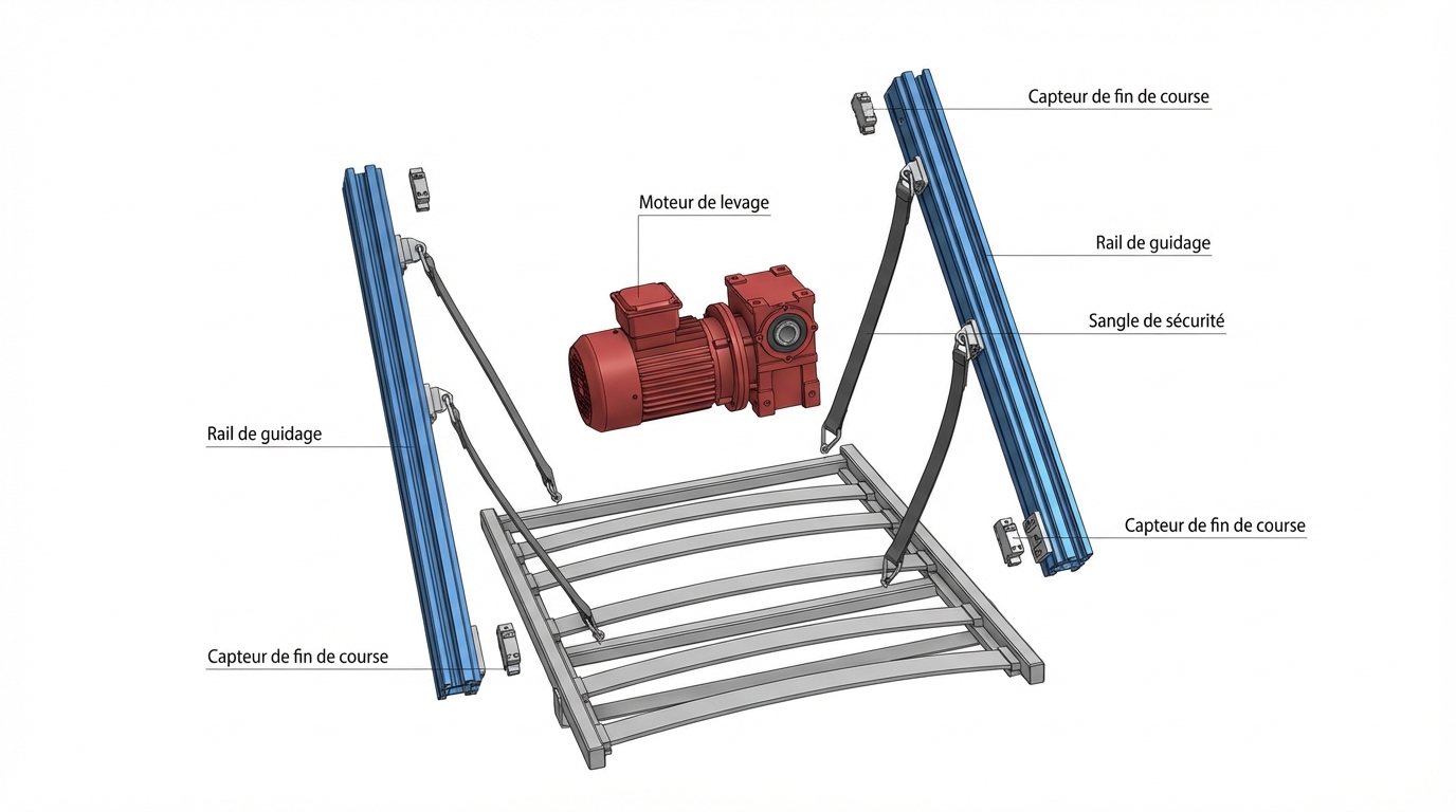 Schéma technique en vue éclatée du système de lit pavillon de camping-car.