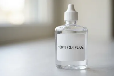 Gros plan sur un flacon de solution pour lentilles format voyage de 100ml.