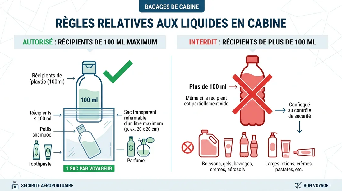 Infographie illustrant la règle des 100ml pour les liquides en bagage cabine.