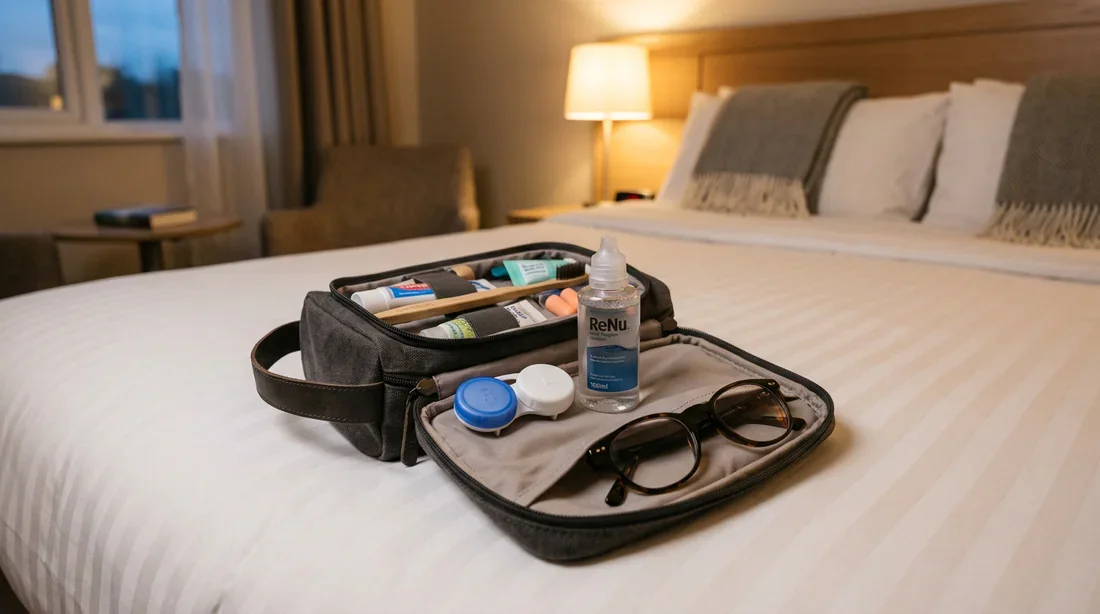 Trousse de toilette organisée avec kit de voyage pour lentilles de contact.