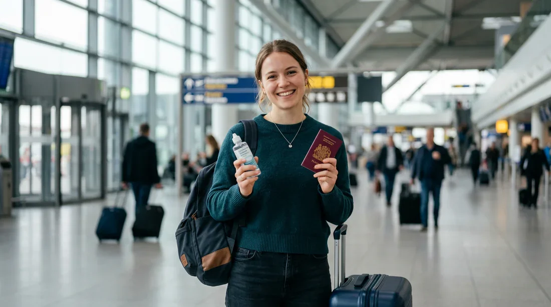 Voyageur souriant à l'aéroport avec son passeport et son produit pour lentilles format voyage.