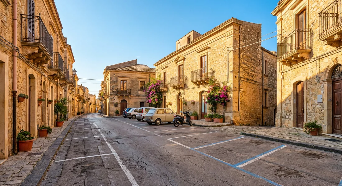Marquage au sol bleu et blanc pour le stationnement en Sicile.