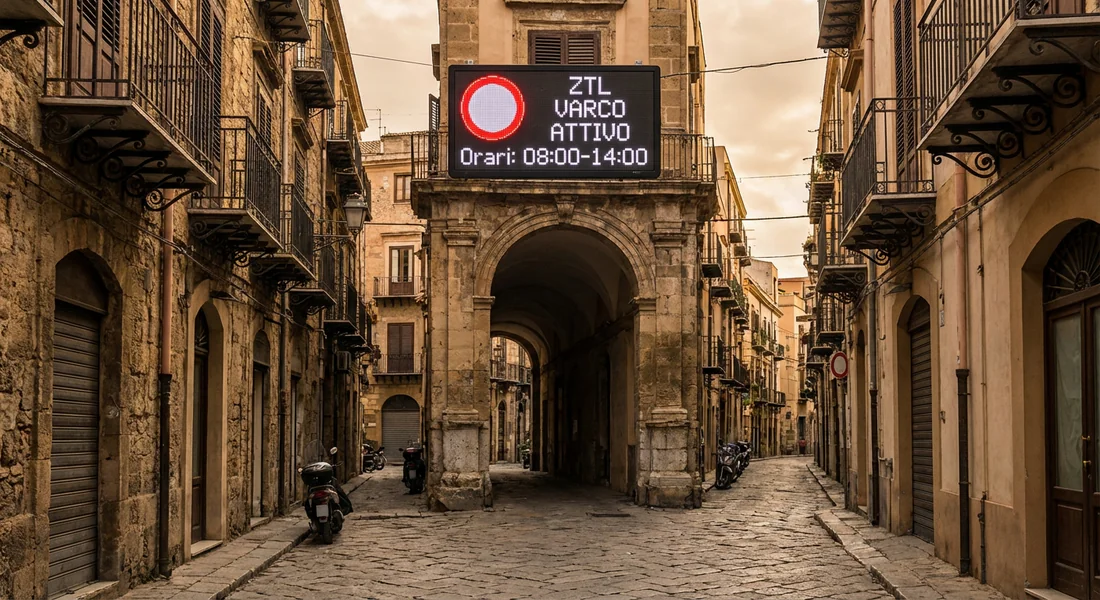 Panneau de Zone à Trafic Limité (ZTL) dans une rue historique de Sicile.