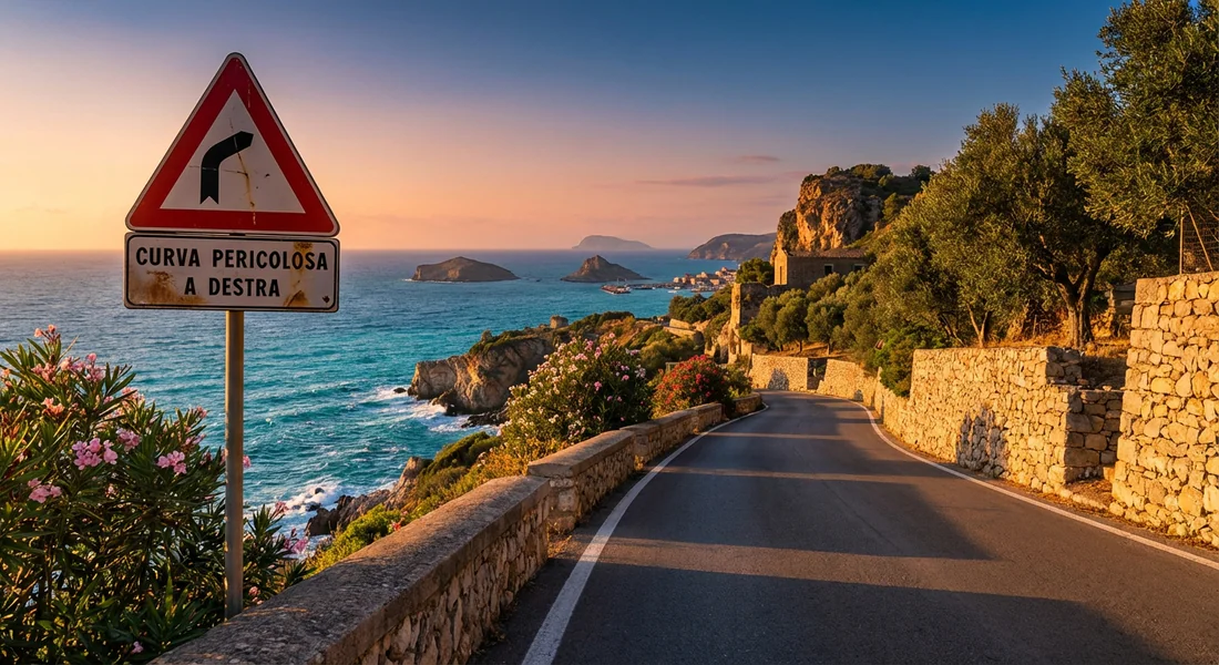 Route côtière sicilienne avec un panneau de signalisation italien et vue sur la mer Méditerranée.