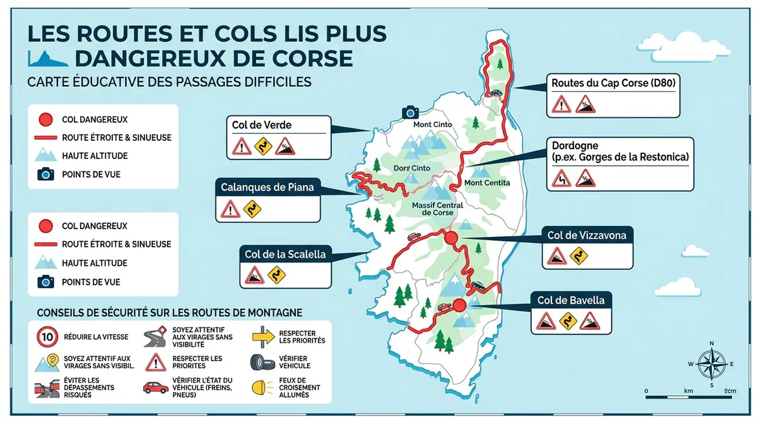 Carte des routes dangereuses et des cols de montagne en Corse