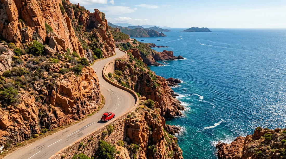 Route sinueuse et spectaculaire en bord de falaise rouge en Corse dominant la mer