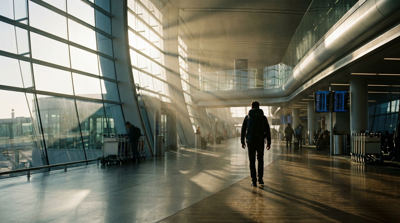 Voyageur avec sac à dos dans un aéroport moderne sous une lumière naturelle