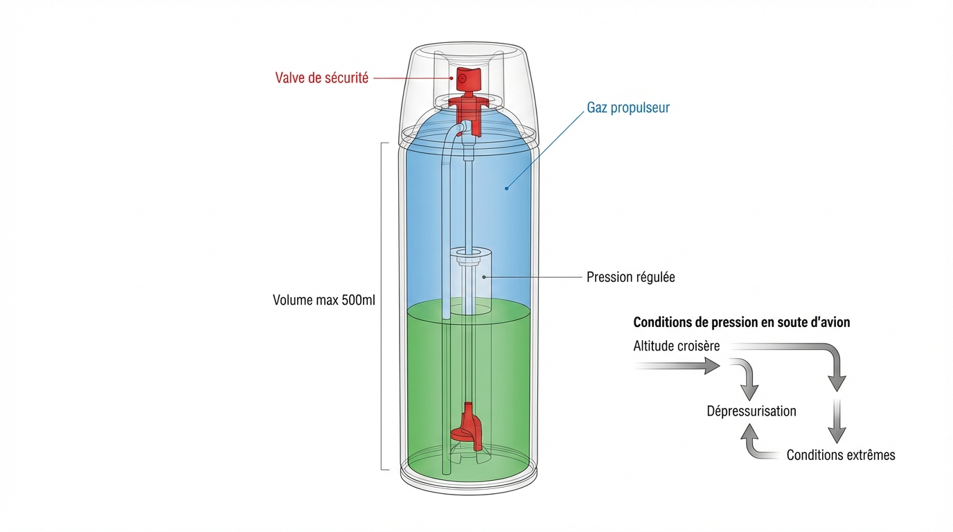 Schéma technique d'un aérosol avec composants internes et normes de sécurité pour le transport en soute