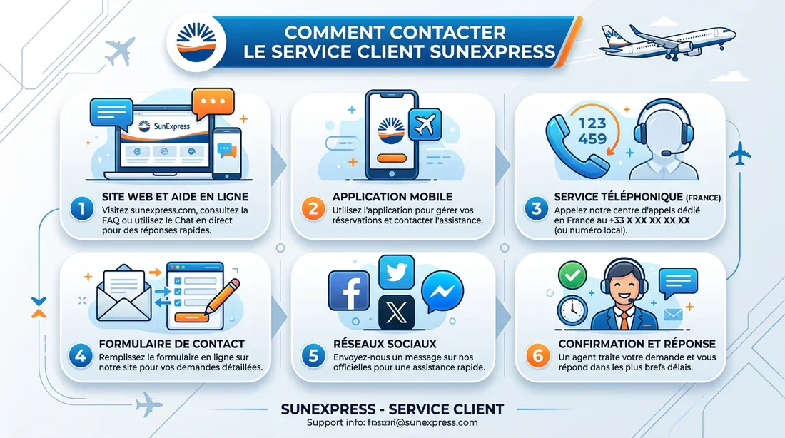 Infographie des étapes pour contacter le service client SunExpress