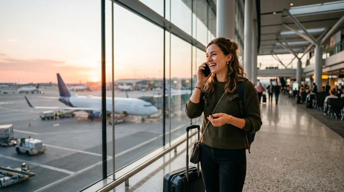 Voyageur soulagé téléphonant à l'aéroport avec un avion en arrière-plan