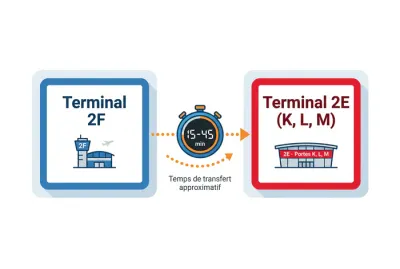 Schéma infographique du temps de transfert entre le Terminal 2F et le Terminal 2E.