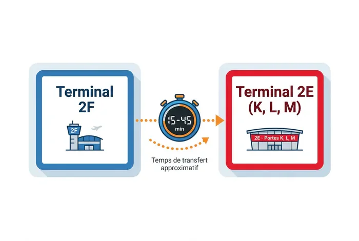 Temps du 2F au 2E à pied : Le guide - 2F au 2E : 15 à 45 min chrono ! - Quelle durée pour aller du 2F au 2E à Roissy ? Schéma infographique du temps de transfert entre le Terminal 2F et le Terminal 2E.