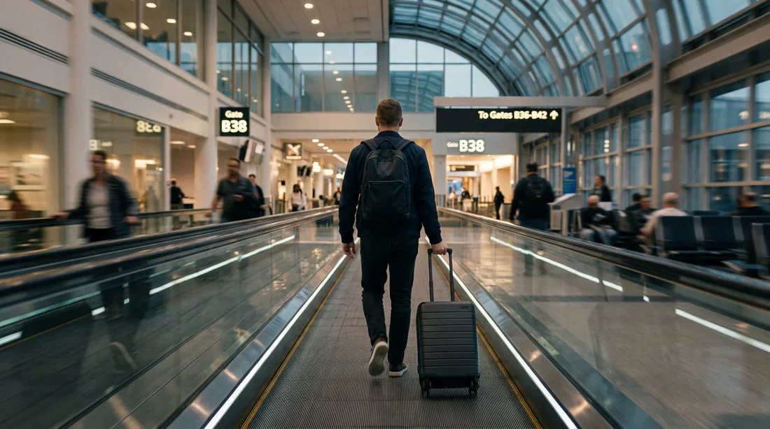 Transfert rapide entre terminaux aéroportuaires Voyageur pressé avec une valise cabine sur un tapis roulant dans un aéroport moderne.